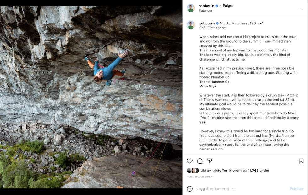 NORDIC MARATHON: Skjermdump av Sebastien Bouin sin Instagrampost om Nordic Marathon og videre potensial.