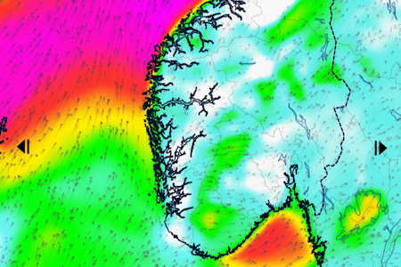 ONSDAG: Full storm nord for Stadlandet og liten kuling på Sør- og Østlandet. Skjermdump: Windguru ONSDAG: Full storm nord for Stadlandet og liten kuling på Sør- og Østlandet. Skjermdump: Windguru