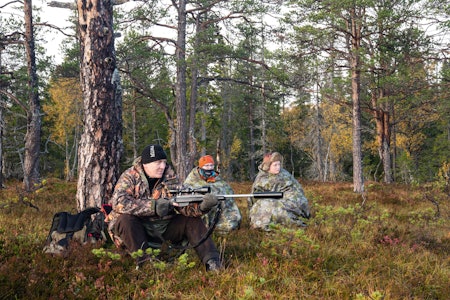 To generasjoner. Frode Nesvold på post sammen med sønnen Leander og kompisen David. Jegere på elgjakt i skogen