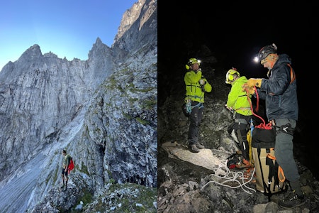 MÅTTE REDDES UT: Benjamin Forthun forteller om redningsaksjonen da han og kameraten Kjell Magne Berli gikk seg fast i Fivaruta i Romsdal og måtte reddes av alpin redningsgruppe og helikopter. Foto: Benjamin Forthun og Kjell Magne Berli