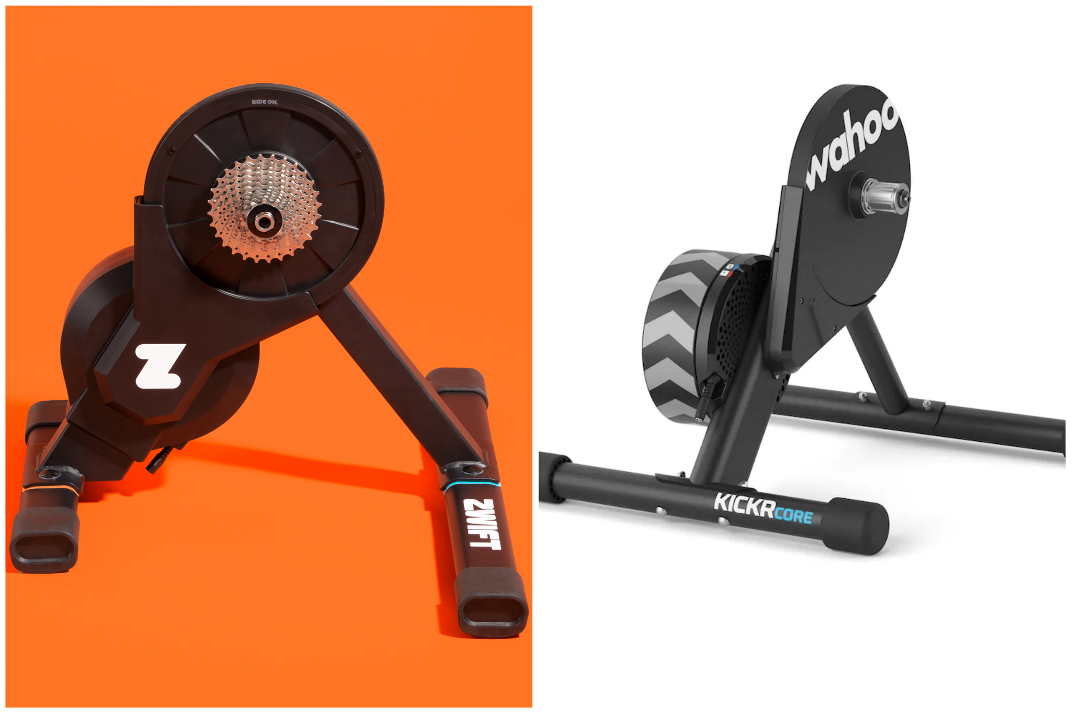 NÆR IDENTISKE: Zwift Hub til venstre, Wahoo Kickr Core til høyre.