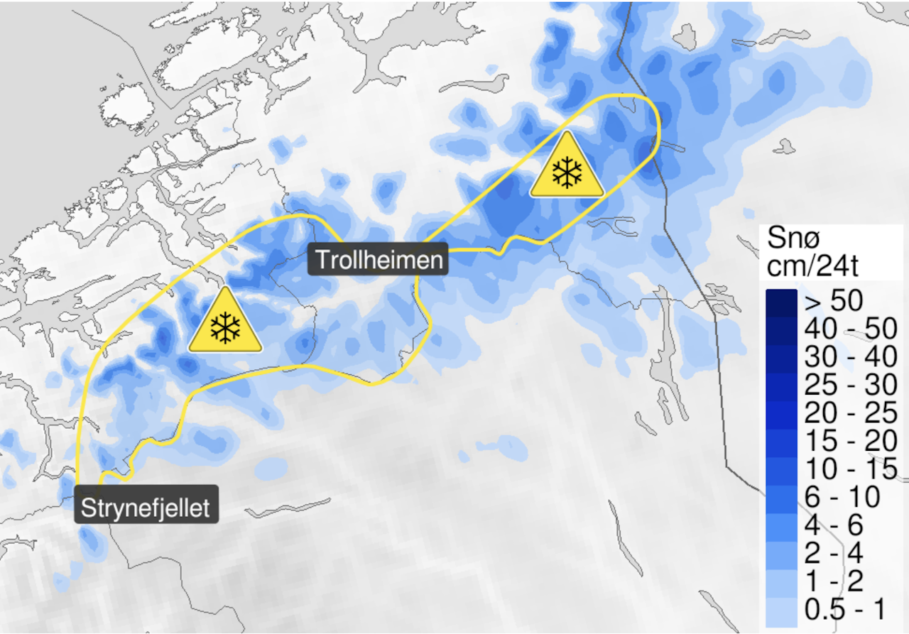 18. OKTOBER: Fra tirsdag ettermiddag til onsdag ettermiddag er det ventet 5-10 cm snø over 600 - 700 meter i deler av Møre og Romsdal og Trøndelag. 18. OKTOBER: Fra tirsdag ettermiddag til onsdag ettermiddag er det ventet 5-10 cm snø over 600 - 700 meter i deler av Møre og Romsdal og Trøndelag.