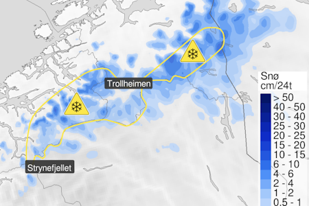 18. OKTOBER: Fra tirsdag ettermiddag til onsdag ettermiddag er det ventet 5-10 cm snø over 600 - 700 meter i deler av Møre og Romsdal og Trøndelag. 18. OKTOBER: Fra tirsdag ettermiddag til onsdag ettermiddag er det ventet 5-10 cm snø over 600 - 700 meter i deler av Møre og Romsdal og Trøndelag.