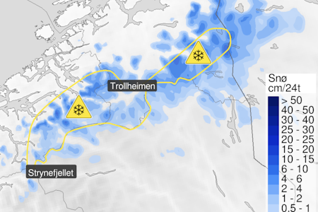 18. OKTOBER: Fra tirsdag ettermiddag til onsdag ettermiddag er det ventet 5-10 cm snø over 600 - 700 meter i deler av Møre og Romsdal og Trøndelag.