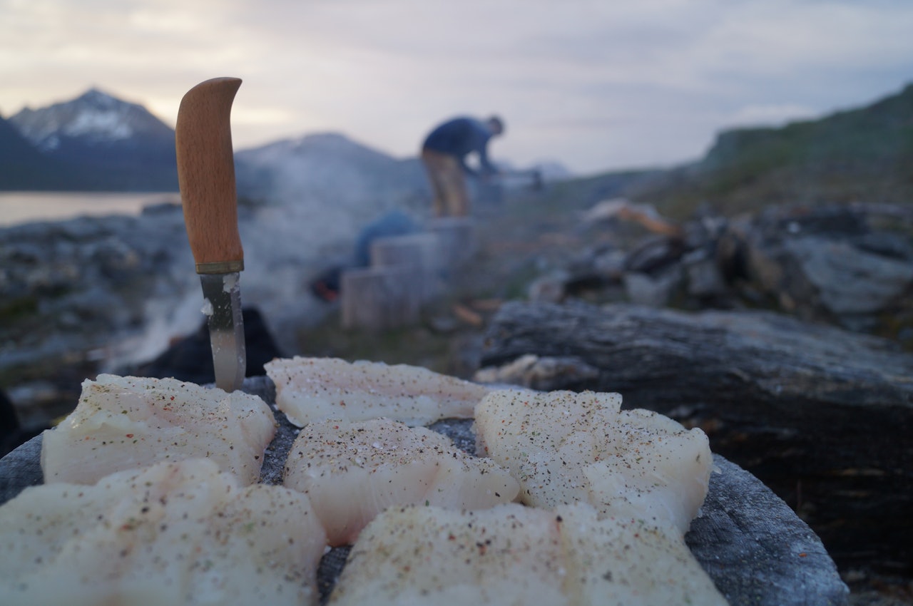 RETT FRA HAVET: Kveita er ferdig krydret, og klar til å legges i steinovnen. Foto: Miriam Mykjåland fisk på bål