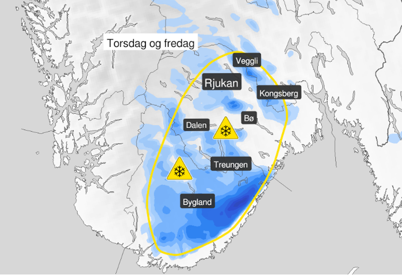 SNØ: For deler av Østlandet og Agder ventes det mellom 5 og 15 cm snø i løpet av 24 timer.