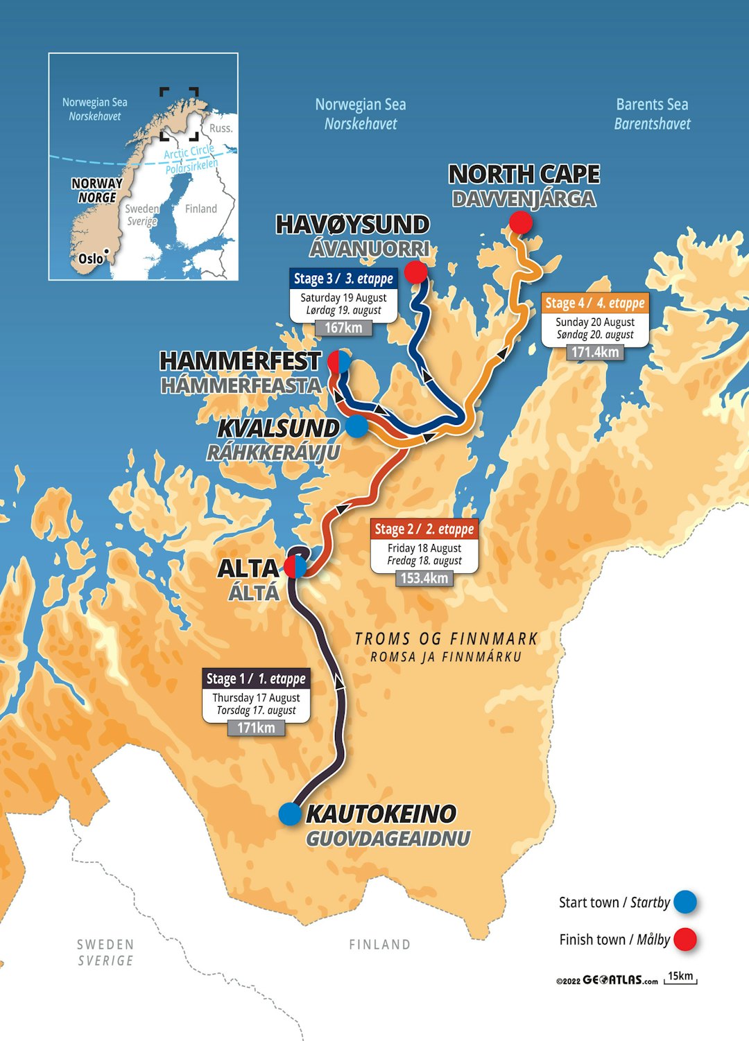 2023: Slik ser neste års utgave av Arctic Race of Norway ut. arctic race of norway 2023 løype kart