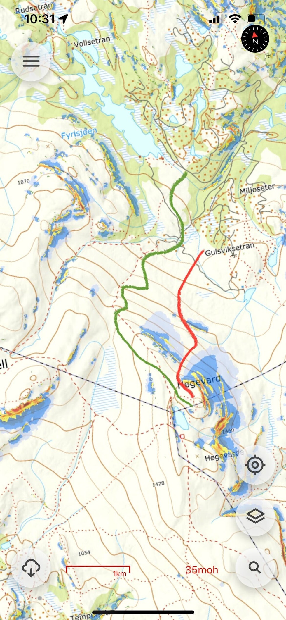 RUTEVALG: Grønn opp og rød ned for Børt og Ulla på whiteout-turen til Høgevarde. RUTEVALG: Grønn opp og rød ned for Børt og Ulla på whiteout-turen til Høgevarde.