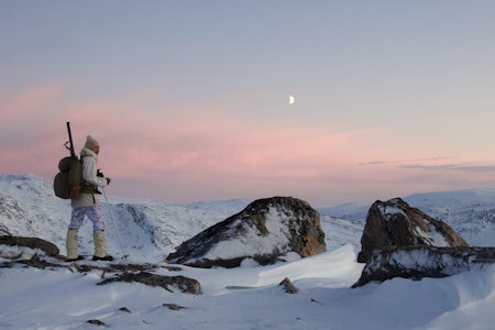 Korte dager. Lyset skifter fra gyllent sollys i toppene til rød kveldshimmel og blå skumringstime, jaktdagen er snart over. Korte dager. Lyset skifter fra gyllent sollys i toppene til rød kveldshimmel og blå skumringstime, jaktdagen er snart over.