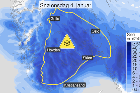 SNØ: Yr.no har sendt ut farevarsel om store snømengder i Agder og på Østlandet nå på onsdag.