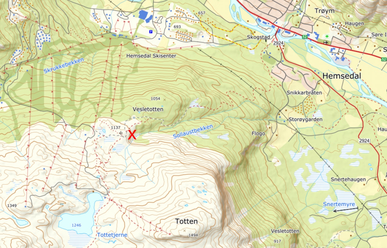 DØDSULYKKE: Skredulykken skjedde i Djeveldalen like sørvest for Vesletotten i Hemsedal skisenter.