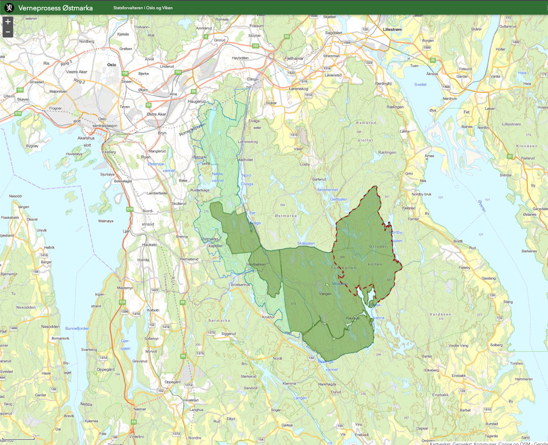 NASJONALPARK: Det har blitt presentert tre ulike forslag til vern, her ser du Statsforvalterens primære forslag, hvor det mørkegrønne området er foreslått nasjonalpark, og det lysegrønne området er foreslått friluftslivområde etter markaloven. Skjermdump: Statsforvalterens nettsider. nasjonalpark østmarka sykling