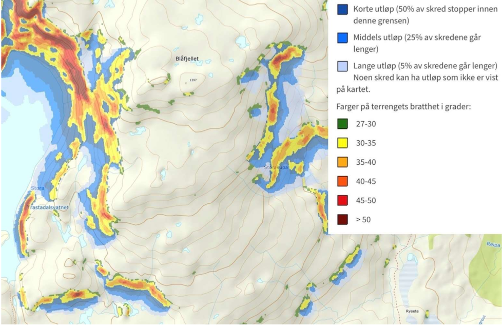 OVERSIKT: Bilde som viser terrenget rundt Blåfjell i Sogndal. Skjermdump: Pressemelding Snøskredvarslingen
