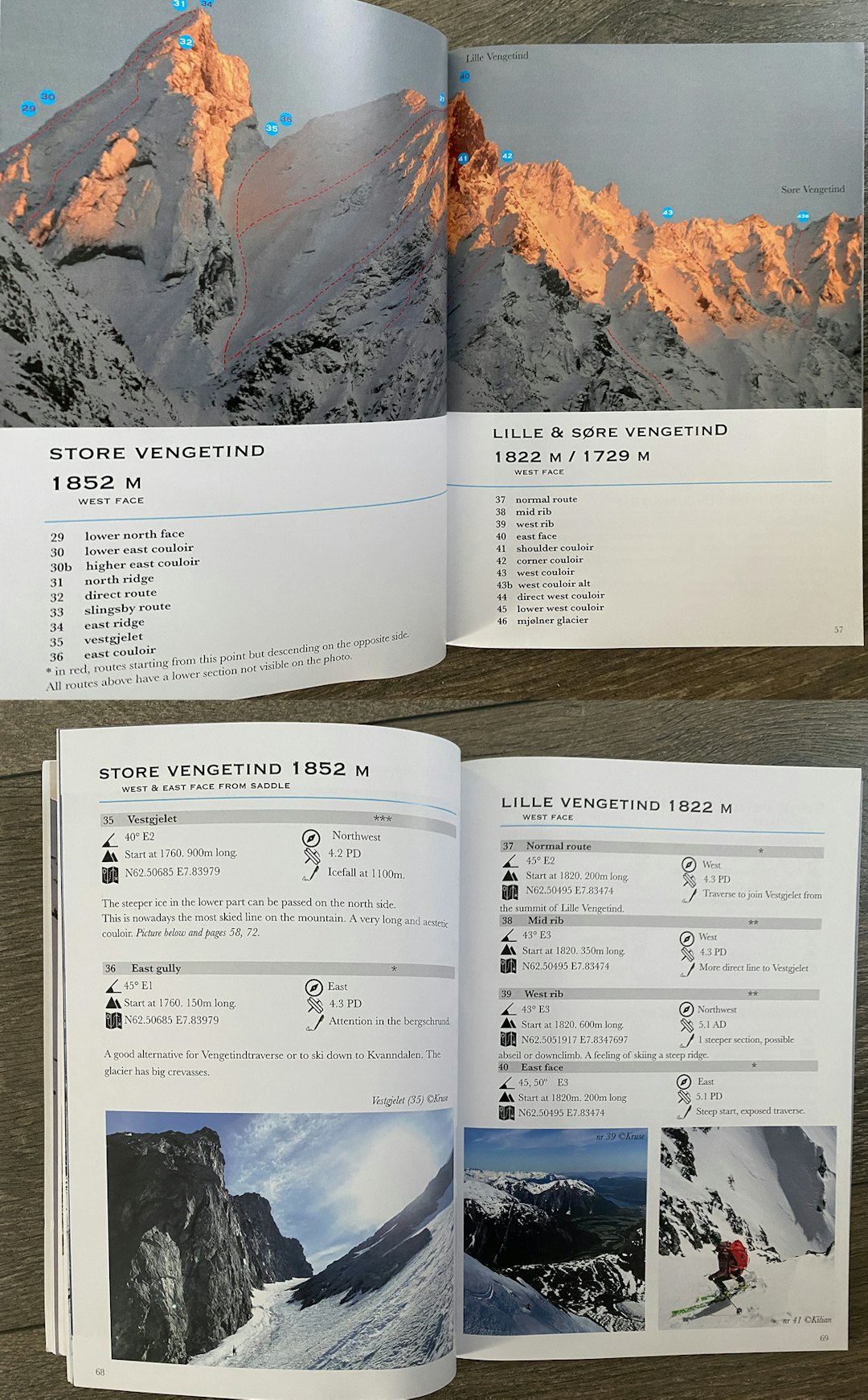 KILIANS BIJOBB: Kilian Jornet har laget layout i boka, hvor mange sider er viet Store Vengetind. Her er fire av disse sidene. Foto: Tore Meirik