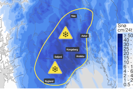 FAREVARSEL: – Fra mandag kveld ventes 15-30 cm snø i løpet av 24 timer. Snøværet vil avta tirsdag kveld, skriver yr.no i deres farevarsel. FAREVARSEL: – Fra mandag kveld ventes 15-30 cm snø i løpet av 24 timer. Snøværet vil avta tirsdag kveld, skriver yr.no i deres farevarsel.
