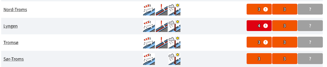 FAREGRAD FIRE: Stor skredfare i hele Nord-Norge. Størst i Lyngen. Skjermdump: Varsom FAREGRAD FIRE: Stor skredfare i hele Nord-Norge. Størst i Lyngen. Skjermdump: Varsom