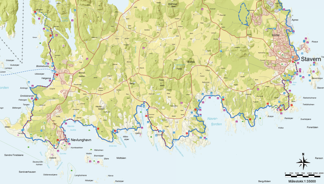 KYSTSTIEN: Distansen fra Helgeroa til Stavern er omtrent tre mil lang. KART: Turistforeningen