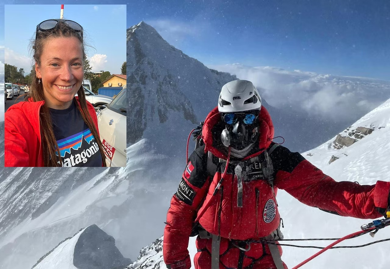 AMBISIØS: Kristin Harila satser på å bestige alle verdens 8000-meterstopper på rekordtid i 2023 - uten kunstig oksygen. Foto: Kristin Harila (innfelt) og 8k Expeditions