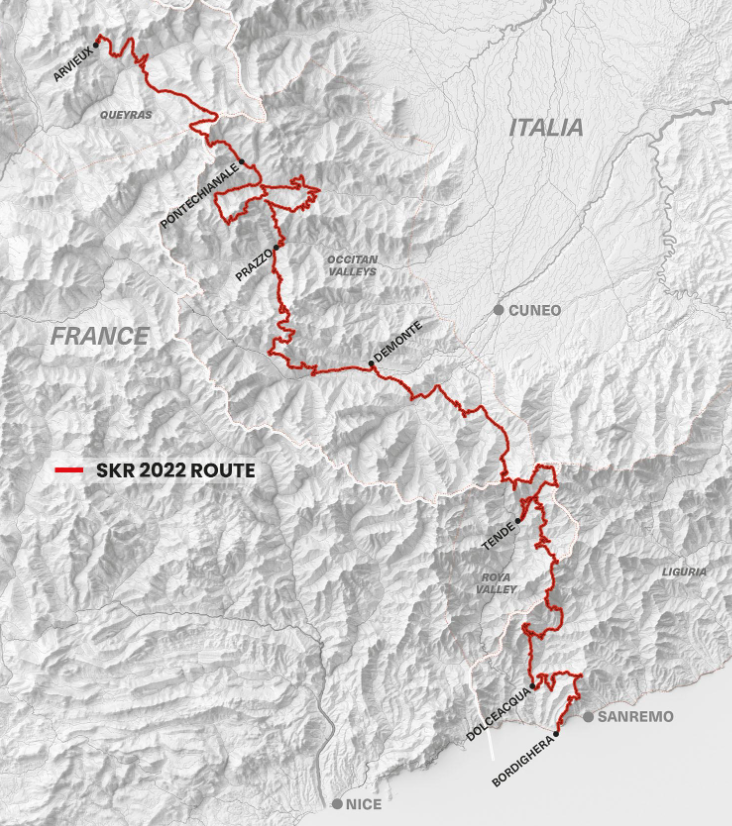 OPP I FJELLENE: en biltur på litt over 4 timer venter når deltakerne ankommer flyplassen i Nice. Dette er ruten som ble brukt i 2022 og årets utgave vil gå i den samme fjellkjeden. Skjermdump: stonekingrally.org kart 2022 stone king rally