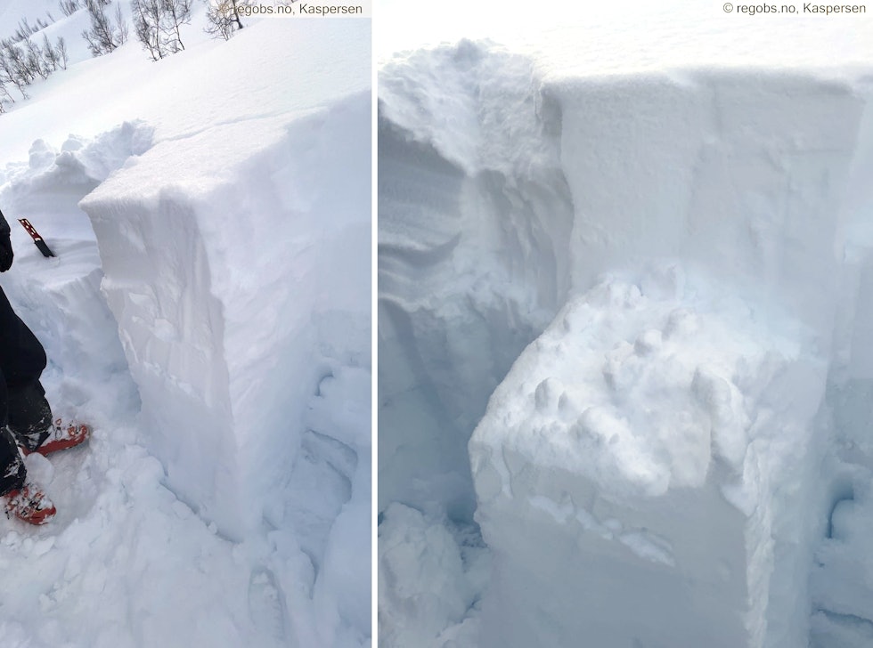ANALYSERER: Observatører fra Varsom vurderer skredfaren ved Snødalen på Sunnmøre. Her er det brudd 50 centimeter ned i snøddeket. Foto: regobs.no/Kaspersen.
