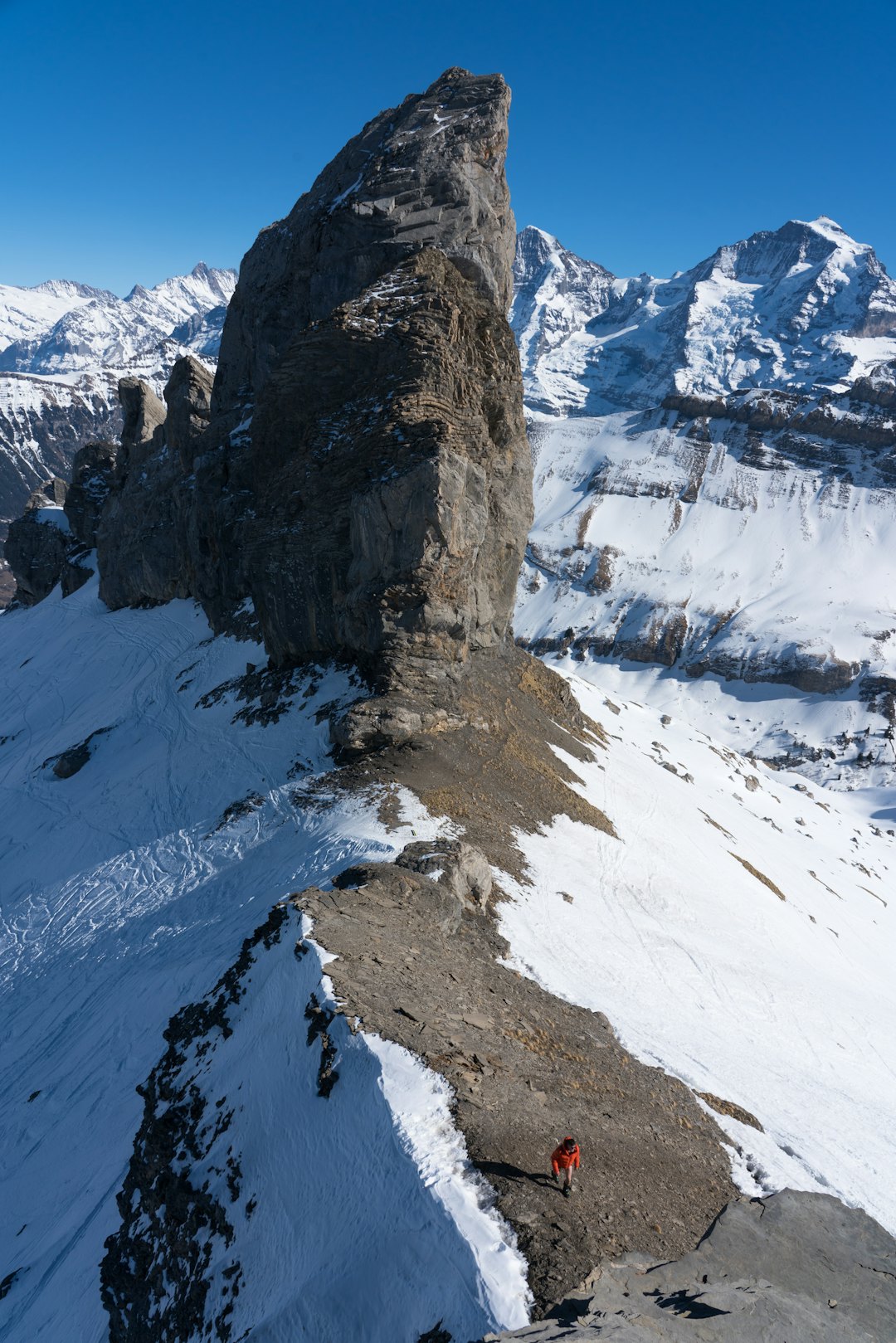GIGANTAR: Dei siste dagane av turen nyttar vi lenger sør i landet, i fjella kring Eiger-massivet. Her er fjella ikkje fjell, men gigantar med enorme hengebrear til skjegg. I bakgrunnen ser vi to av dei største, Mönch og Jungfrau, med den berømte togstasjonen og restauranten Jungfraujoch (3454) midt i mellom.