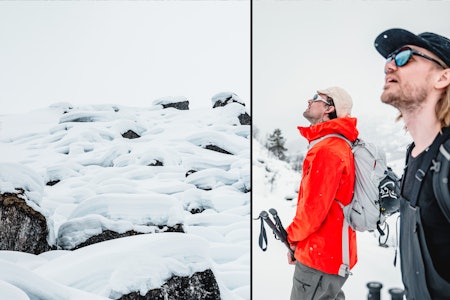 REKOGNISERING: Benjamin Forthun og Christopher Lange har fått nyss i et felt med kampesteiner, der det muligens skal være mulig å ta seg ned med ski på bena. Gjennom en lang vinter med store snødump, ble det omsider mykt nok til å bryte seg på det vanvittige puteprosjektet på Vestlandet. Foto: Simon Sjøkvist REKOGNISERING: Benjamin Forthun og Christopher Lange har fått nyss i et felt med kampesteiner, der det muligens skal være mulig å ta seg ned med ski på bena. Gjennom en lang vinter med store snødump, ble det omsider mykt nok til å bryte seg på det vanvittige puteprosjektet på Vestlandet. Foto: Simon Sjøkvist