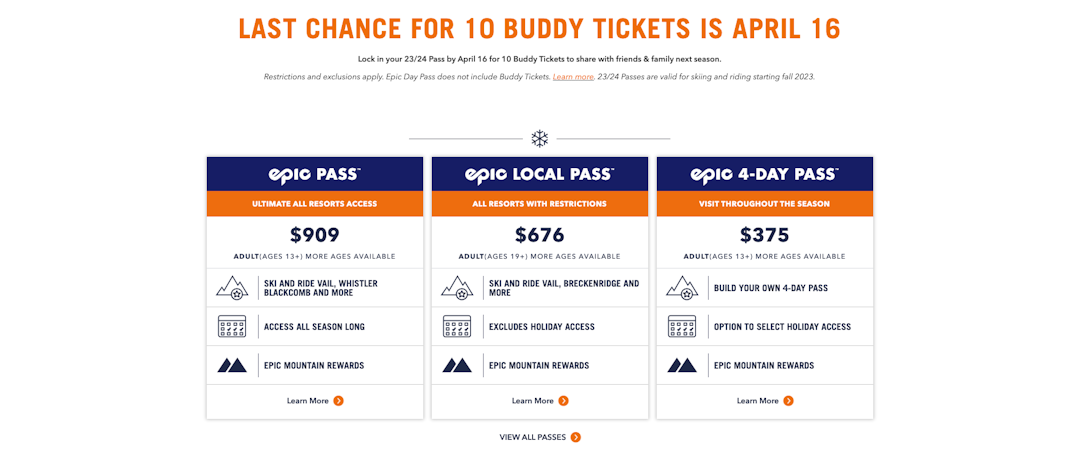 EPISKE PRISER: Heiskort-giganten tilbyr ulike alternativer på sine nettsider. Foto: Skjermdump fra Epic Pass. EPISKE PRISER: Heiskort-giganten tilbyr ulike alternativer på sine nettsider. Foto: Skjermdump fra Epic Pass.