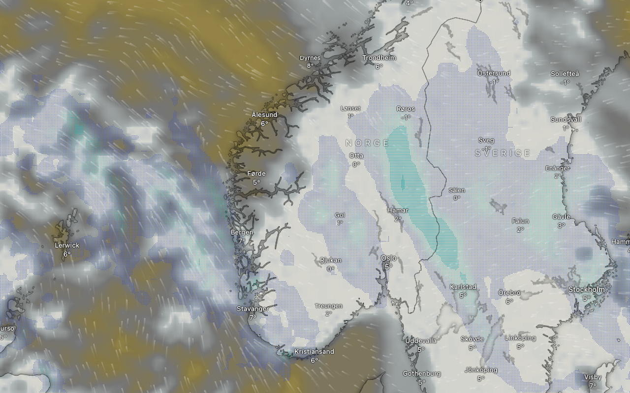 Temperatureren vil variere, og for mange fjellstrøk vil nedbøren komme som regn eller sludd. Illustrasjon: Windy