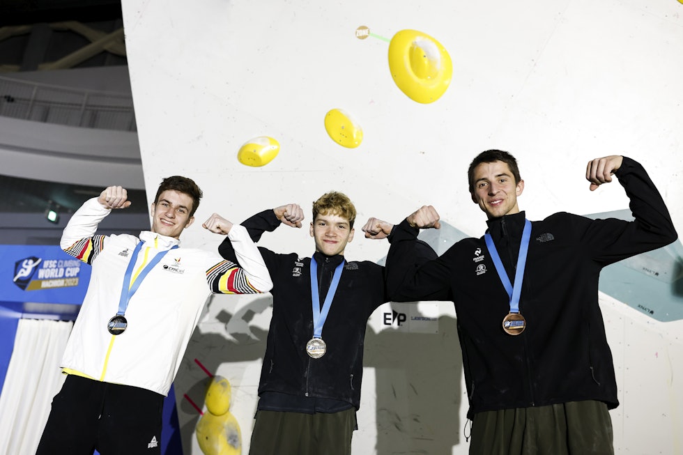 En ung europeisk pall med Hannes Van Duysen tv, Mejdi Schalck, Paul Jenft. Foto: Dimitris Tosidis/ IFSC