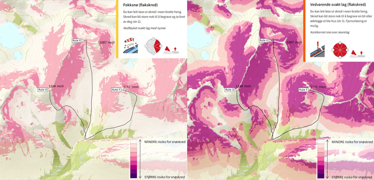 RISIKOKART: Disse bildene viser samme fjellområde med forskjellig faregrad. RISIKOKART: Disse bildene viser samme fjellområde med forskjellig faregrad.