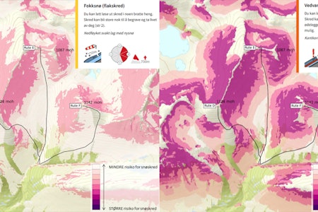 RISIKOKART: Disse bildene viser samme fjellområde med forskjellig faregrad.