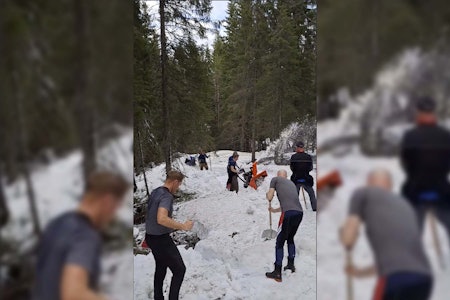 DUGNAD: Ildsjelene i TVK gjør klar løypene for rundbane-NM. Foto/video: Håvard Åsen Nygaard. nilsbyen terrengsykkelpark snø