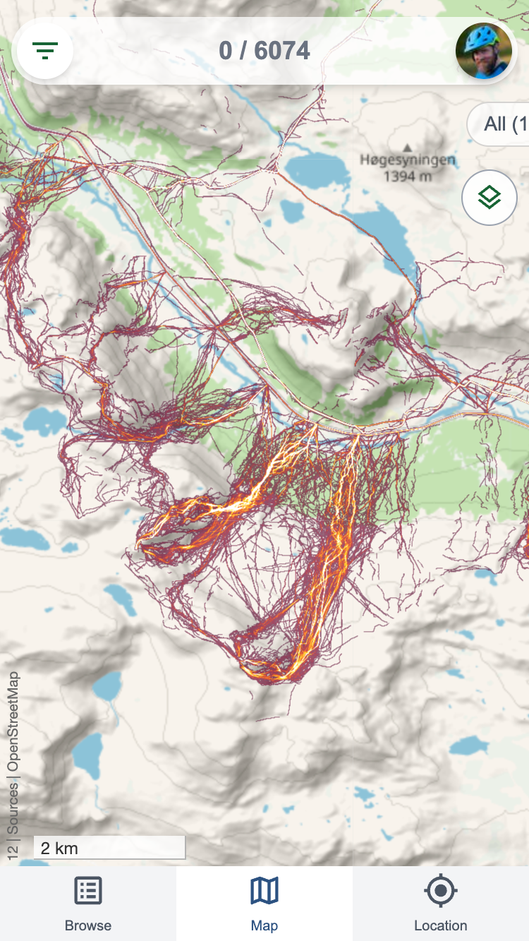 VARMEKART: Du kan bruke Strava sine heat maps som kartgrunnlag i Trailguide-appen.Foto/Skjermdump: Trailguide. strava heat map trailguide