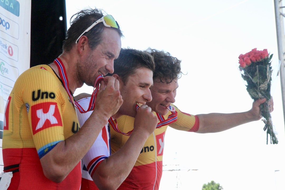 FEIRET GULLET: Alexander Kristoff, Fredrik Dversnes og Jonas Abrahamsen på podiet i Sandnes. FOTO: Jarle Fredagsvik