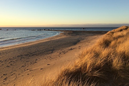 KVILJOSANDEN: Kviljoodden stikker seg ut som en spiss fra de flere kilometer lange sandstrendene på Listahalvøya. Det skal ha vært her ulykken skjedde. Foto: Listerfriluft.no