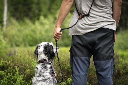 Båndet kan henges over skulderen på denne måten, festes rundt magen eller brukes som et lengre vanlig bånd. non-stop rock leash test adjustable