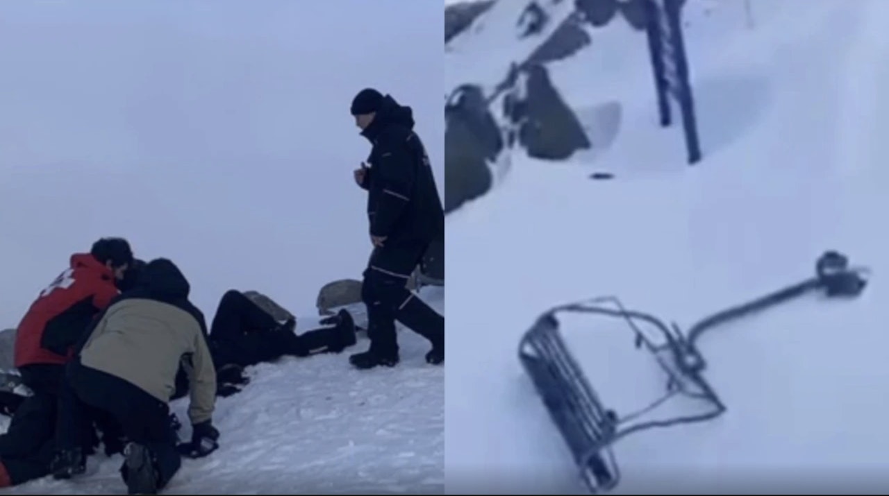HEKTET AV KABELEN: Bilder viser de skadde som blir hjulpet av medlemmer av ski-patruljen, med en stol liggende i snøen i nærheten. Foto: Sky News