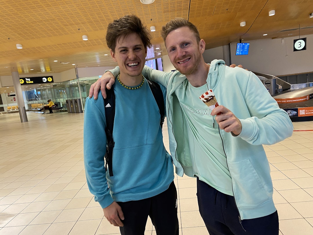 STERKE KARER: Slovenske Domen Škofic (til venstre) har også vunnet verdenscupen i led, men han måtte finne seg i å være belaybunny da kompisen Jakob Schubert sendte Project Big. Foto: Tore Meirik