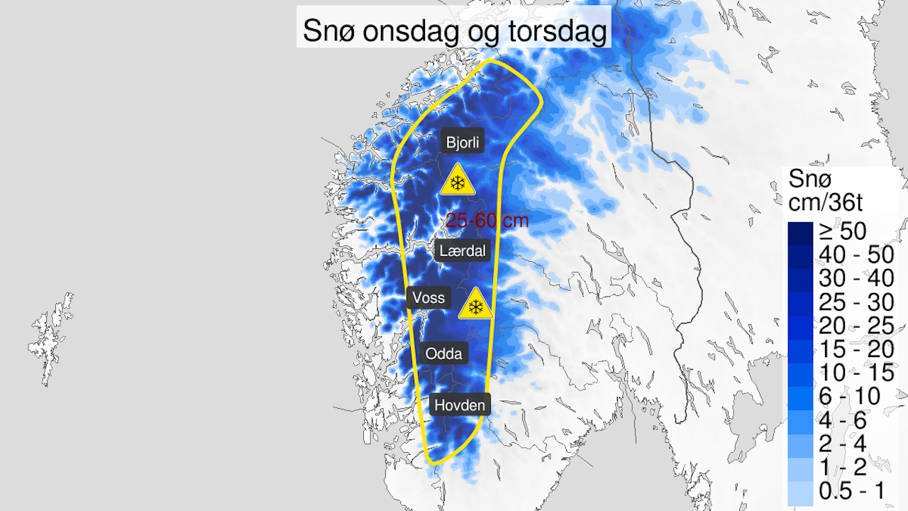 FAREVARSEL: Det er sendt ut farevarsel om snø på fjellene i Sør-Norge. Skjermdump: Yr.no FAREVARSEL: Det er sendt ut farevarsel om snø på fjellene i Sør-Norge. Skjermdump: Yr.no