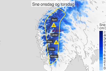 FAREVARSEL: Det er sendt ut farevarsel om snø på fjellene i Sør-Norge. Skjermdump: Yr.no FAREVARSEL: Det er sendt ut farevarsel om snø på fjellene i Sør-Norge. Skjermdump: Yr.no