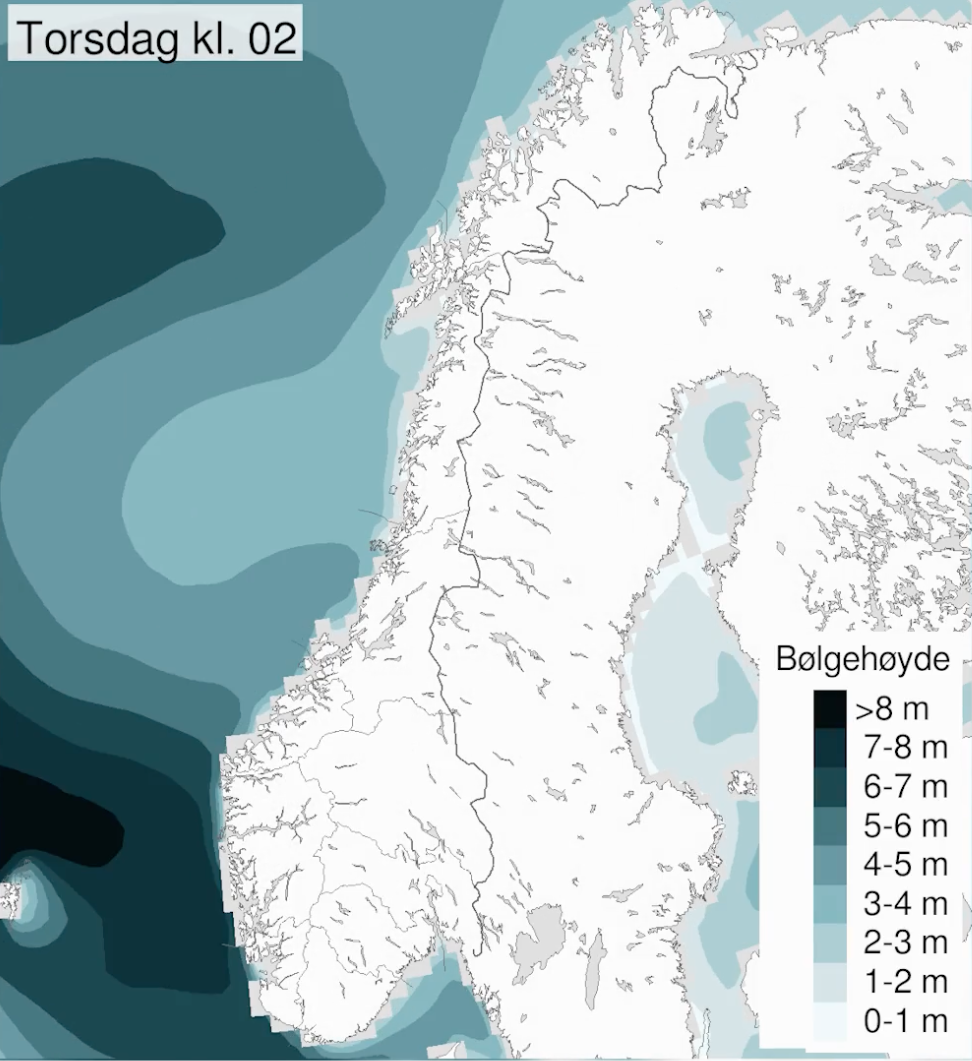 FLERE FAREVARSLER: Et kraftig lavtrykk fra vest kan brygge opp til 8 meter høyer bølger langs kysten på Vestlandet.  Skjermdump: Metrologisk Institutt