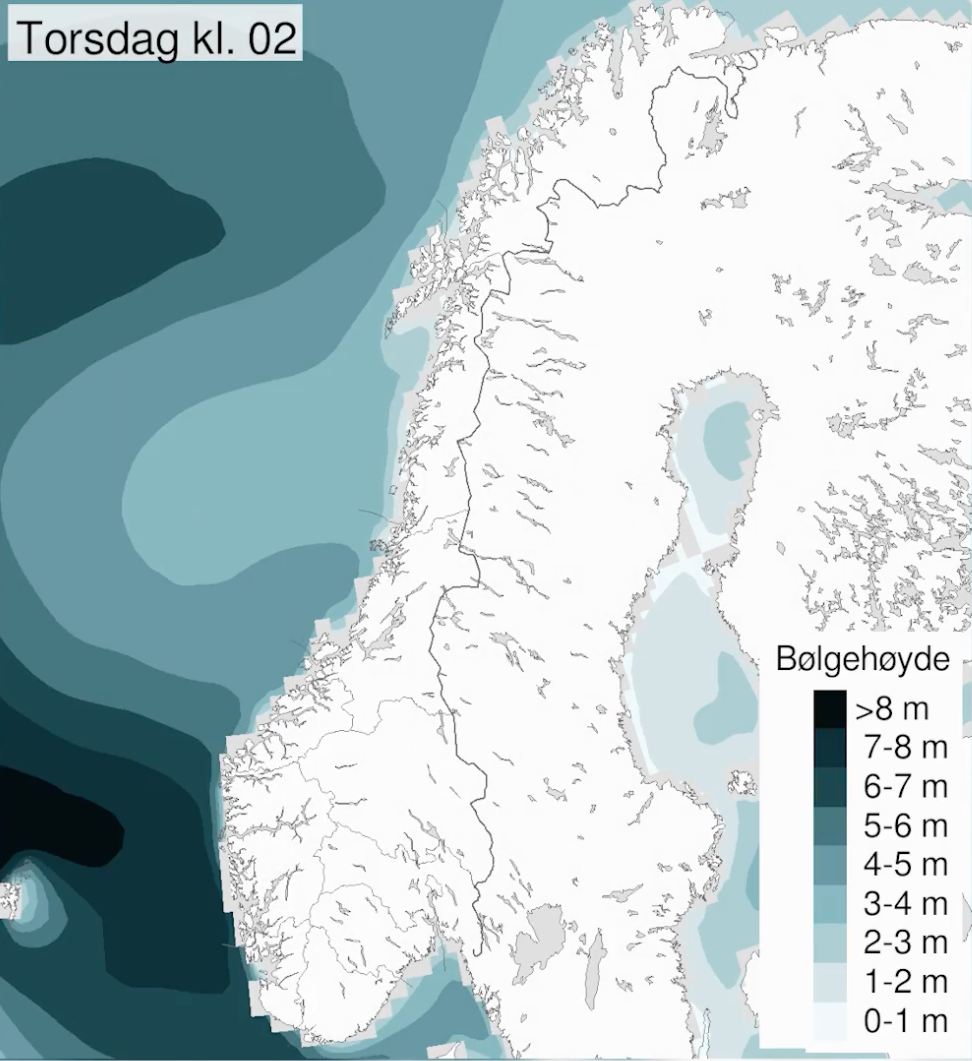 FLERE FAREVARSLER: Et kraftig lavtrykk fra vest kan brygge opp til 8 meter høyer bølger langs kysten på Vestlandet. Skjermdump: Metrologisk Institutt FLERE FAREVARSLER: Et kraftig lavtrykk fra vest kan brygge opp til 8 meter høyer bølger langs kysten på Vestlandet. Skjermdump: Metrologisk Institutt