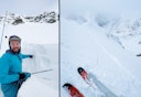 STABILT? Fjellguide Finn Hovem tester stabiliteten i snøen på Kjosentind i Lyngen. Bildet til høyre viser at det er dårlige bindinger i snødekket.