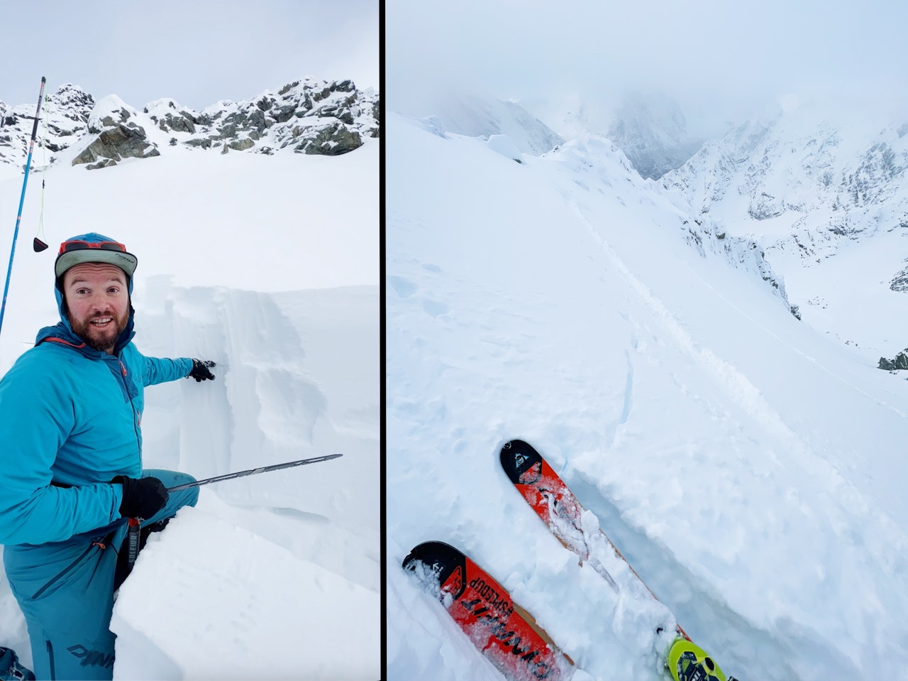 STABILT? Fjellguide Finn Hovem tester stabiliteten i snøen på Kjosentind i Lyngen. Bildet til høyre viser at det er dårlige bindinger i snødekket.