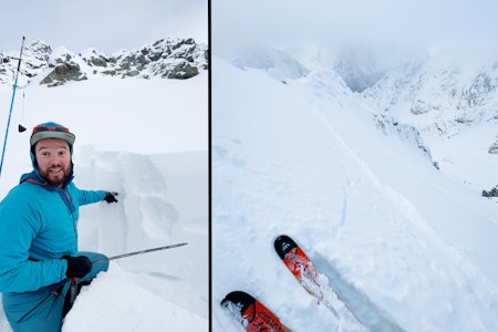 STABILT? Fjellguide Finn Hovem tester stabiliteten i snøen på Kjosentind i Lyngen. Bildet til høyre viser at det er dårlige bindinger i snødekket. STABILT? Fjellguide Finn Hovem tester stabiliteten i snøen på Kjosentind i Lyngen. Bildet til høyre viser at det er dårlige bindinger i snødekket.