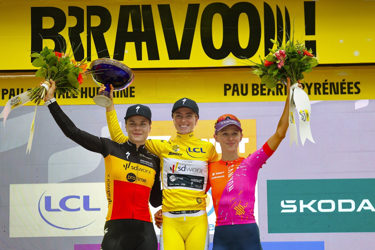 REGJERENDE VINNER: Demi Vollering, sammen med Lotte Kopecky (t.v.) og Kasia Niewiadoma. Foto: Cor Vos REGJERENDE VINNER: Demi Vollering, sammen med Lotte Kopecky (t.v.) og Kasia Niewiadoma. Foto: Cor Vos