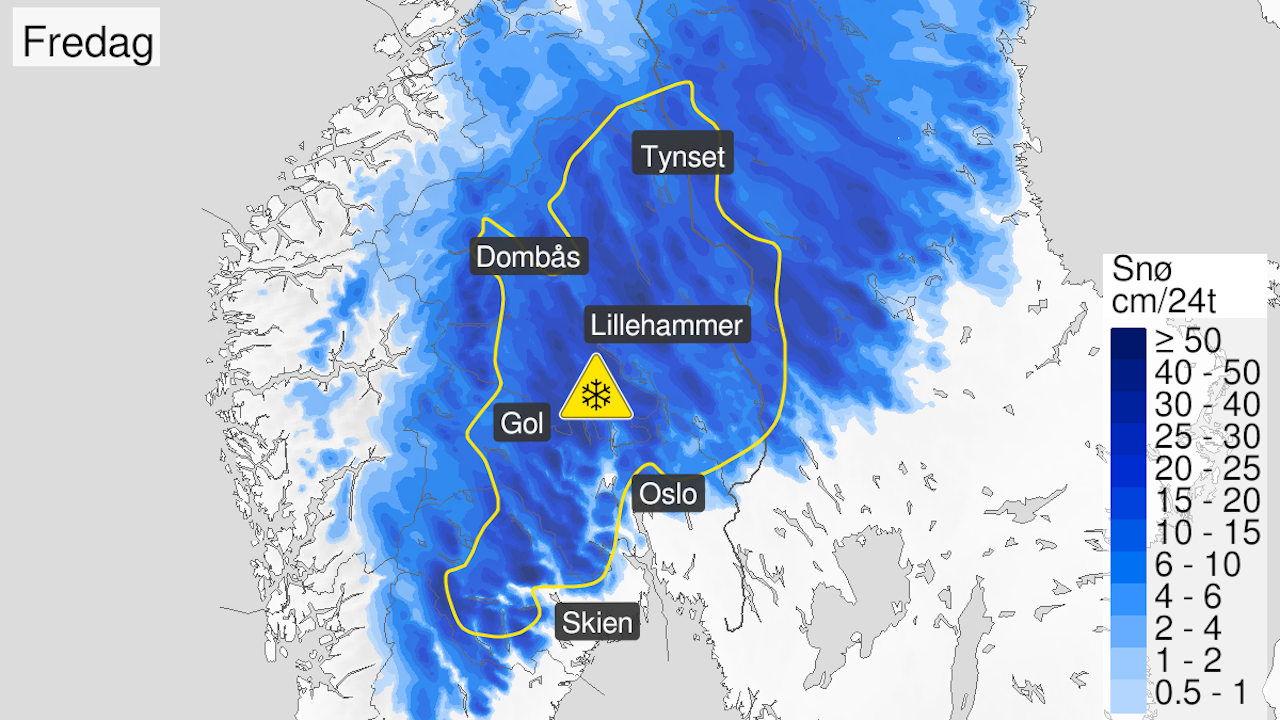 SNØ: YR har sendt ut varefarsel for indre strøk av Østlandet. Illustrasjon: Meteorologisk institutt SNØ: YR har sendt ut varefarsel for indre strøk av Østlandet. Illustrasjon: Meteorologisk institutt