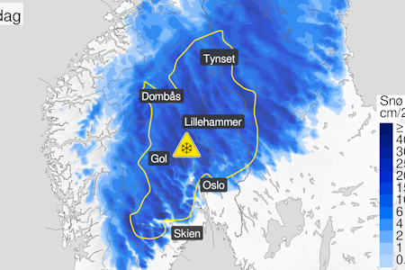 SNØ: YR har sendt ut varefarsel for indre strøk av Østlandet. Illustrasjon: Meteorologisk institutt SNØ: YR har sendt ut varefarsel for indre strøk av Østlandet. Illustrasjon: Meteorologisk institutt