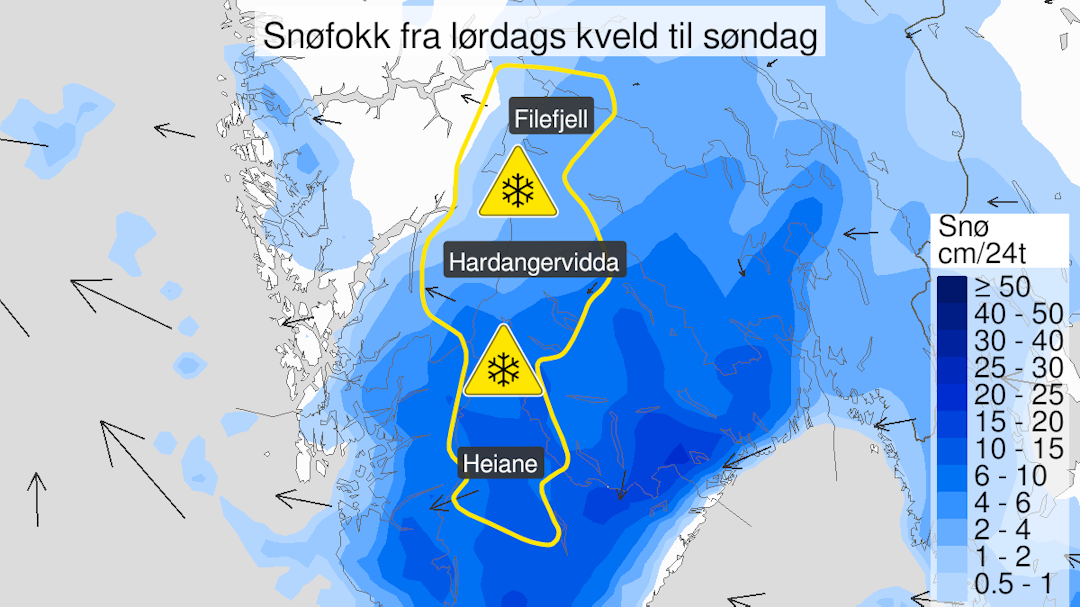 ØNSKETENKNING?: Kartet viser kraftig snøfokk, gult nivå, over sørlige deler av fjellet i Sør-Norge. Foto: Varsom.no