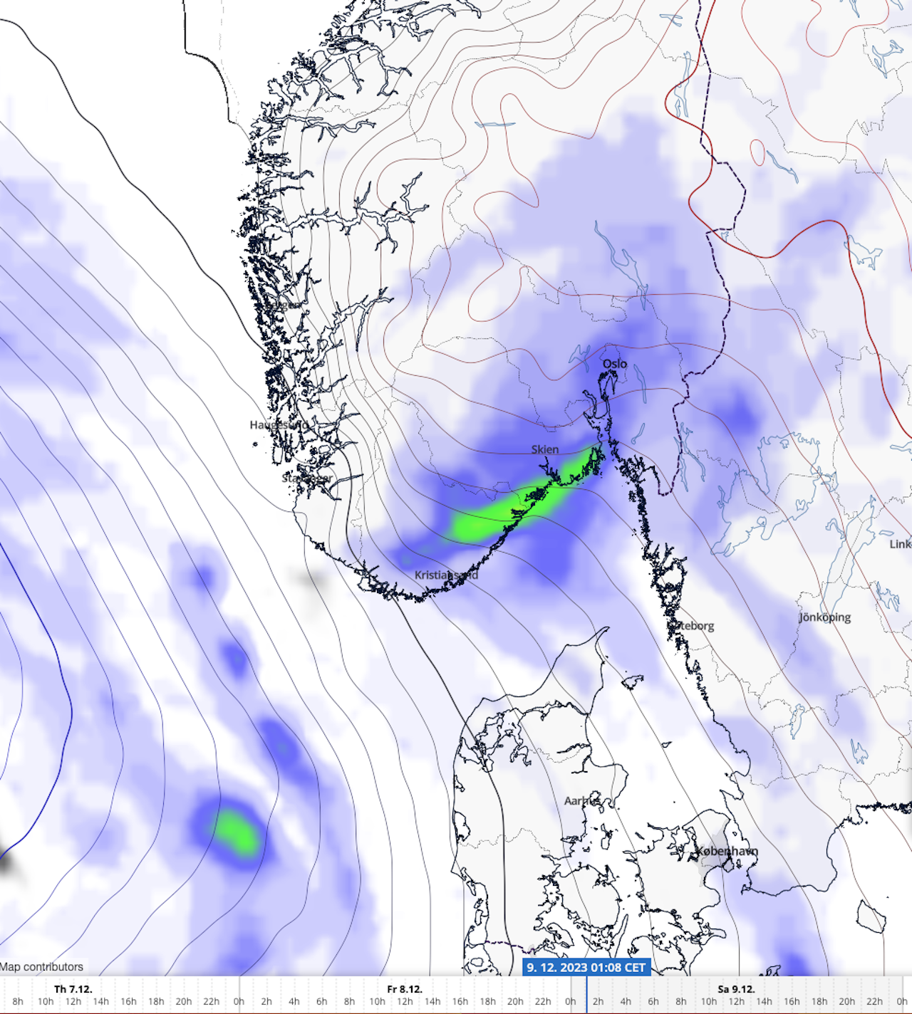 MEST LANGS KYSTEN: Mest snø ser det ut til å komme på lørdag. Skjermbilde: Windguru MEST LANGS KYSTEN: Mest snø ser det ut til å komme på lørdag. Skjermbilde: Windguru